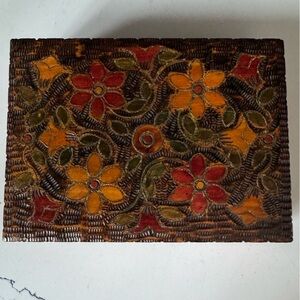 Vintage Pyrocraft Floral Wooden Box Polish Engraved Stamped Art